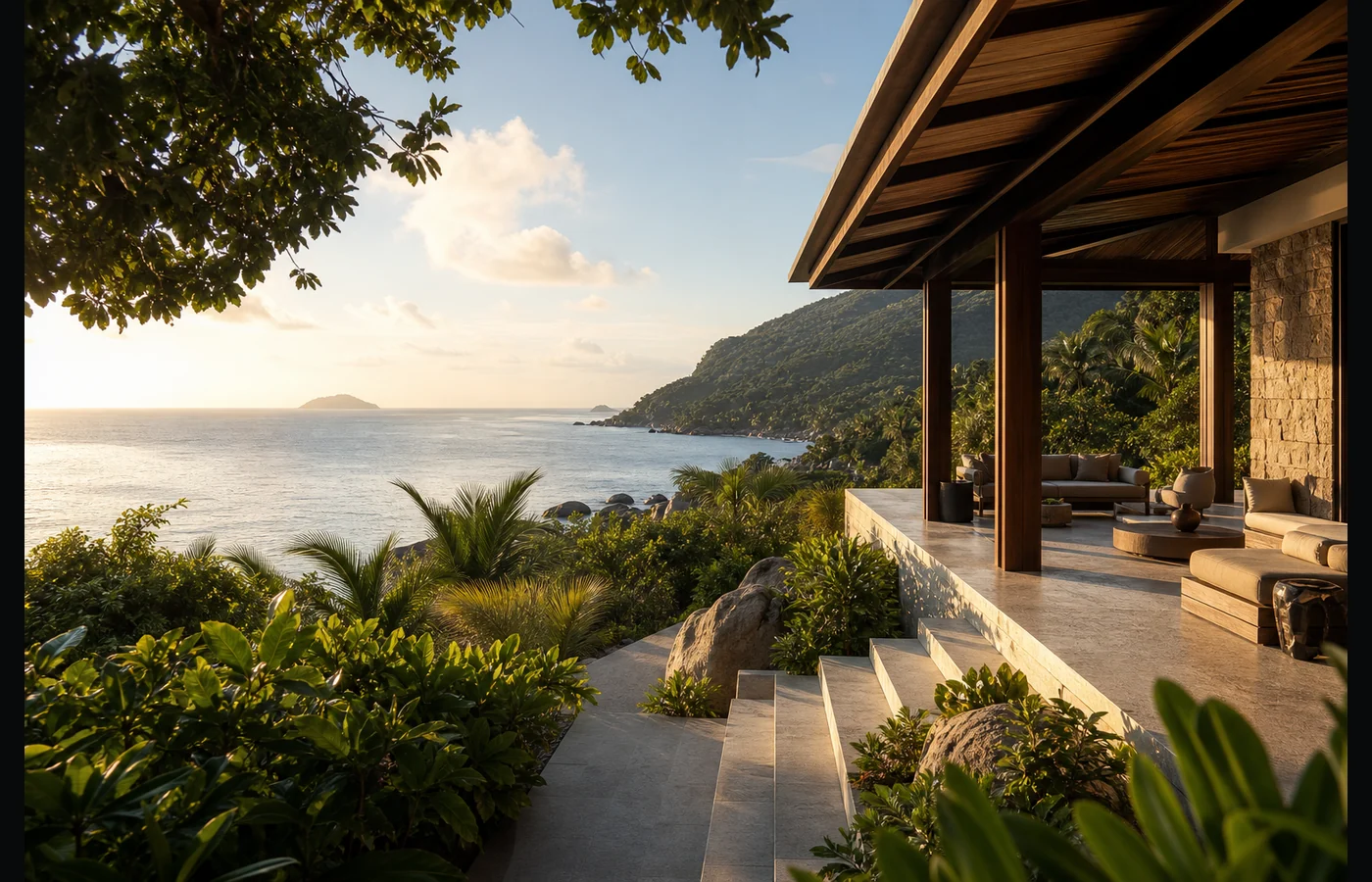 Low-density luxury villa terrace in Seychelles with ocean view