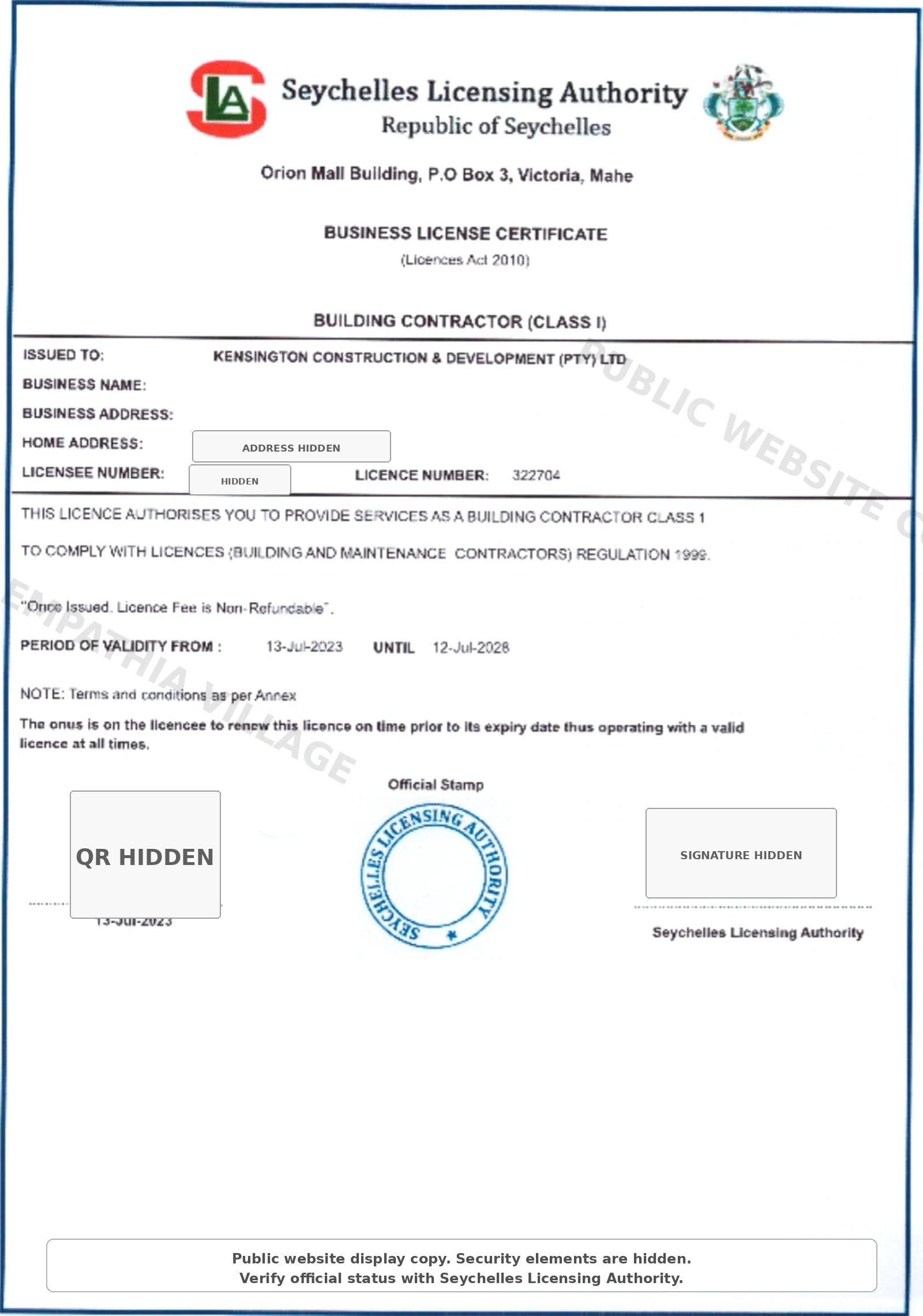 Kensington Construction Class I building contractor licence