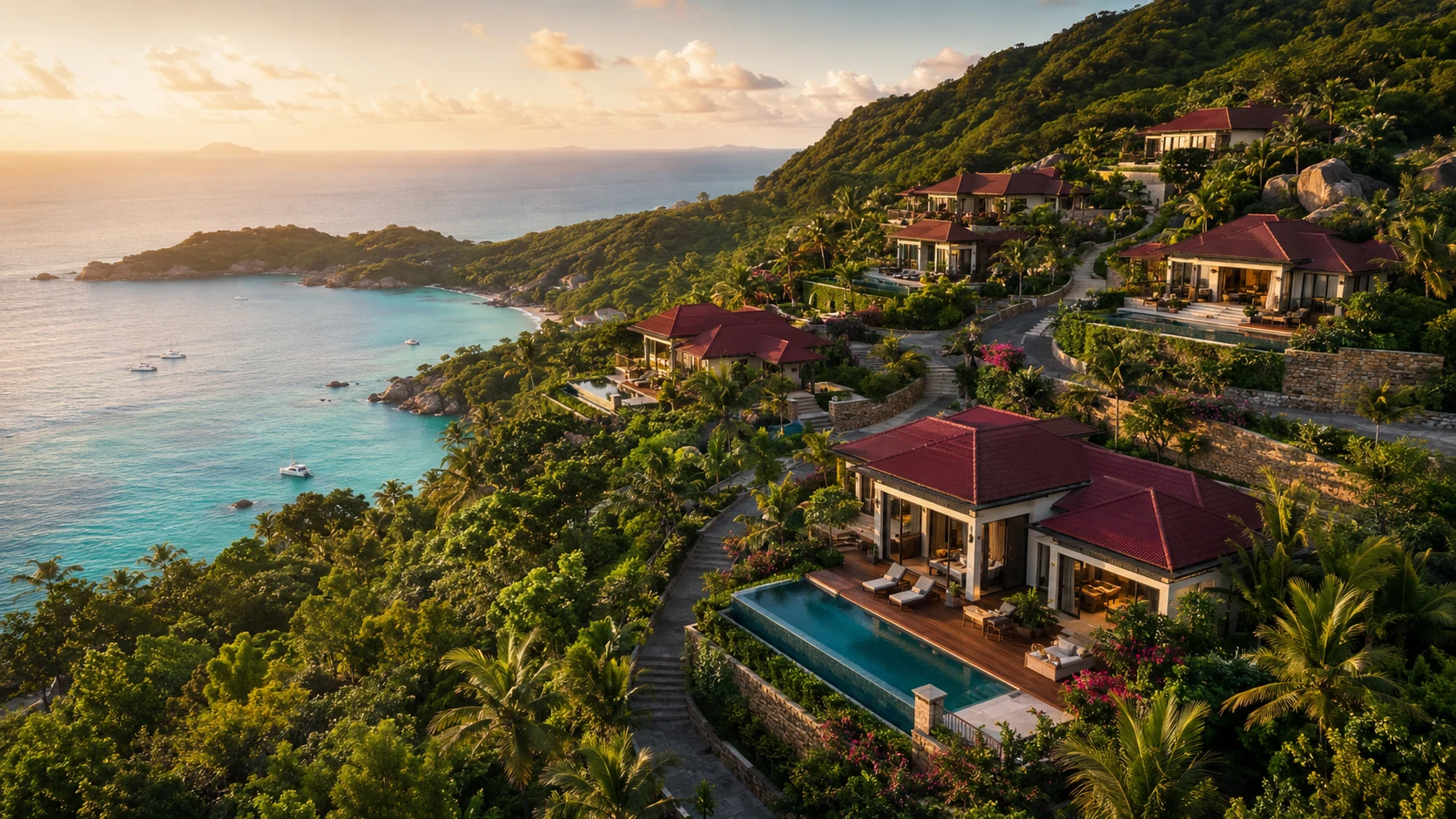 Architectural visualisation of Empathia Village villas above the ocean at sunset